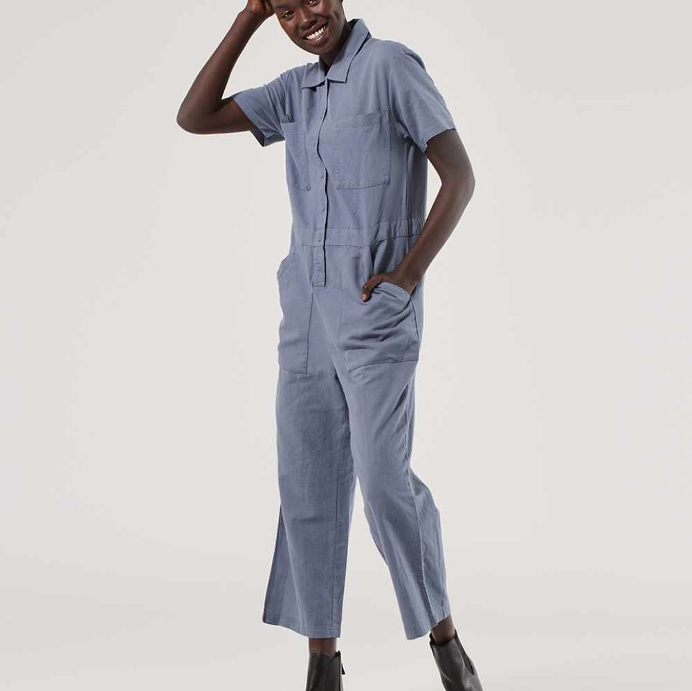 Indigo blue short sleeve jumpsuit